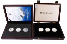 Two silver proof sets of Guernsey £5 coins.