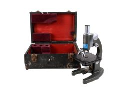 A vintage C. Baker monocular student microscope in fitted case. No. 40123, min.