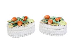 Pair of Continental porcelain lidded boxes. Decorated with strawberries.