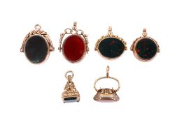 Six Georgian and later 9ct gold fobs.