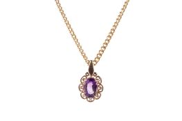 A 9ct gold and amethyst pendant and chain.