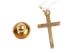 Two items of gold jewellery. Comprising a 9ct gold cross, 0.5g and an 18ct gold dress stud, 1.