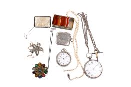 A small group of jewellery and two silver pocket watches.