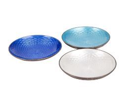 Three Danish silver and enamel dishes.