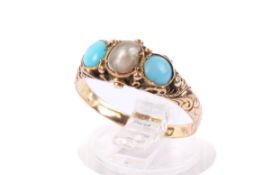 A 15ct gold dress ring. Set with a half pearl and turquoise cabochons, shank marked Birmingham 1864.