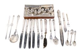 A collection of Victorian and later silver, silver plate and white metal flatware.