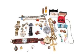 A collection of costume jewellery and watches.