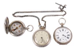 Two vintage pocket watches and a WWI military compass. One pocket watch with 0.