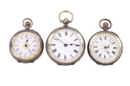 Three silver and white metal cased pocket and fob watches.
