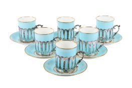 A set of six Aynsley silver mounted coffee cans. The cans glazed in blue with gilt rims, height 5.