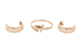 A 9ct gold ring and a pair of yellow metal earrings.