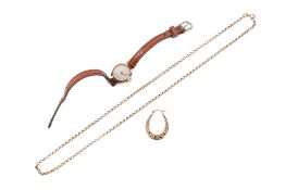 A group of gold and yellow metal items. Including a hallmarked 9ct gold chain necklace, weight 2.