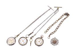 Three silver cased pocket watches and a fob pendant.