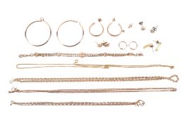 A quantity of 9ct gold and yellow metal jewellery. Including necklaces, earrings, some hallmarked.