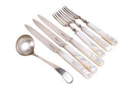 A set of six silver and mother of pearl handled knives and forks and a silver spoon.