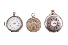 Two white metal cased watches and a silver medal.