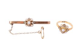 A matching diamond and seed pearl gold ring and bar brooch.