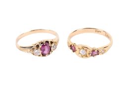 Two early 20th century dress rings. Variously set with old cut diamonds and rubies or garnets.