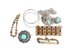 A collection of costume jewellery. Including three white metal bangles, 10.
