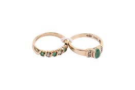 Two 9ct gold emerald and diamond rings. Both hallmarked to shank, sizes N and O, gross weight 4.8g.
