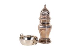 A silver sugar sifter and a quaich.