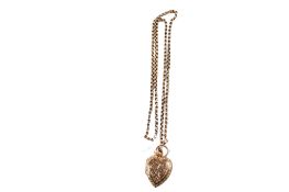 A 9ct gold chain and a yellow metal heart locket.