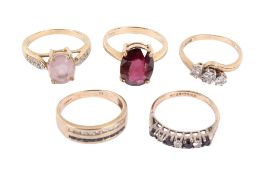 Five 9ct gold and yellow metal rings.