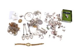 A collection of silver and white metal jewellery, spoons, charms and a watch.