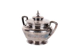 A French silver twin-handled lidded pot.