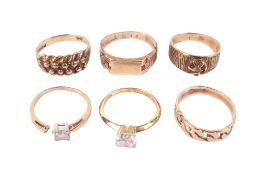 Six 9ct gold and yellow metal rings. Four hallmarked examples weighing 11.