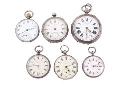Six assorted silver cased open faced pocket watches. Including H. Stone, Leeds, movement no.