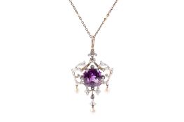 An early 20th century amethyst and enamel pendant. The central stone circa 1.3cm x 1.