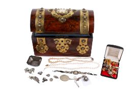A collection of costume jewellery in a Victorian burr walnut casket.