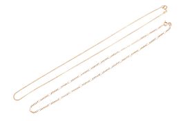 Two fine gold chain necklaces. One marked '750', length 20cm, weight 2.