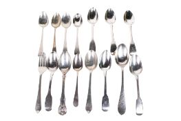 Fourteen Georgian and later silver teaspoons and a cake fork.