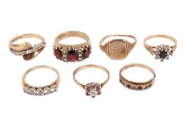 Seven 9ct gold rings. Variously set with small diamonds/semi-precious/paste stones. Gross weight 19.