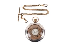 A 9ct gold half hunter key wind pocket watch and gold plated chain.