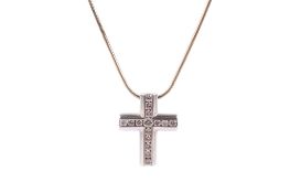 An 18ct white gold cross pendant and snake chain. The cross set with small diamonds, 1.9cm x 1.