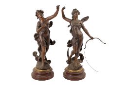 Two French spelter statues. Titled 'Diane' and 'L'Aurore', raised on circular bases. Max.