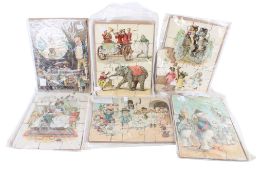 Six late Victorian children's wooden jigsaw puzzles. Circa 1900's, All complete.