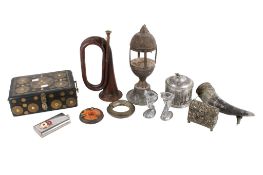 An assortment of metalware. Including a bugle and a pair of candlesticks, etc. Max.