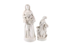 Two assorted parian ware figures. Modelled as ladies with baskets of fruit. Max.