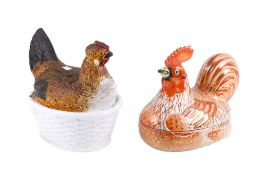 Two European pottery chicken egg storage holders. Max.