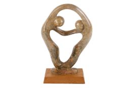 A carved marble sculpture on a wooden plinth. Modelled as a pair of figures, H43cm.