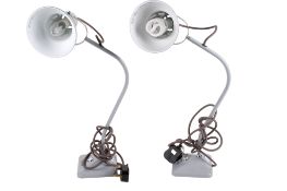 A pair of modern Anglepoise Original 1227 Mini desk lamps. In grey, raised on square bases.