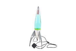 A Mathmos reproduction lava lamp in the form of a rocket. Raised on three metal fins.