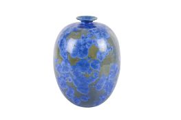 A studio pottery crystalline vase. Globular in form with a blue crackle glaze.