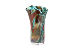 Murano Art Glass Ruffled Vase. Having a ruffled top and multicoloured decoration, clear base. H19.