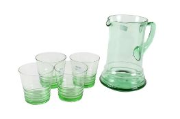 A mid-century green glass five piece lemonade set. Consisting of a jug and four tumblers. Max.