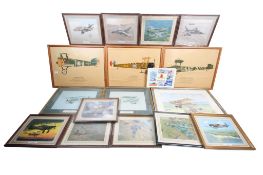 An assortment of artwork and printed images of WWI and WWII aircraft.